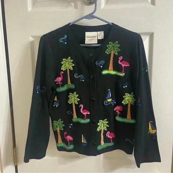 Y2K Michael Simon Cardigan Sweater Large Black Embroidered Flamingo Palm Tree S - Picture 5 of 8